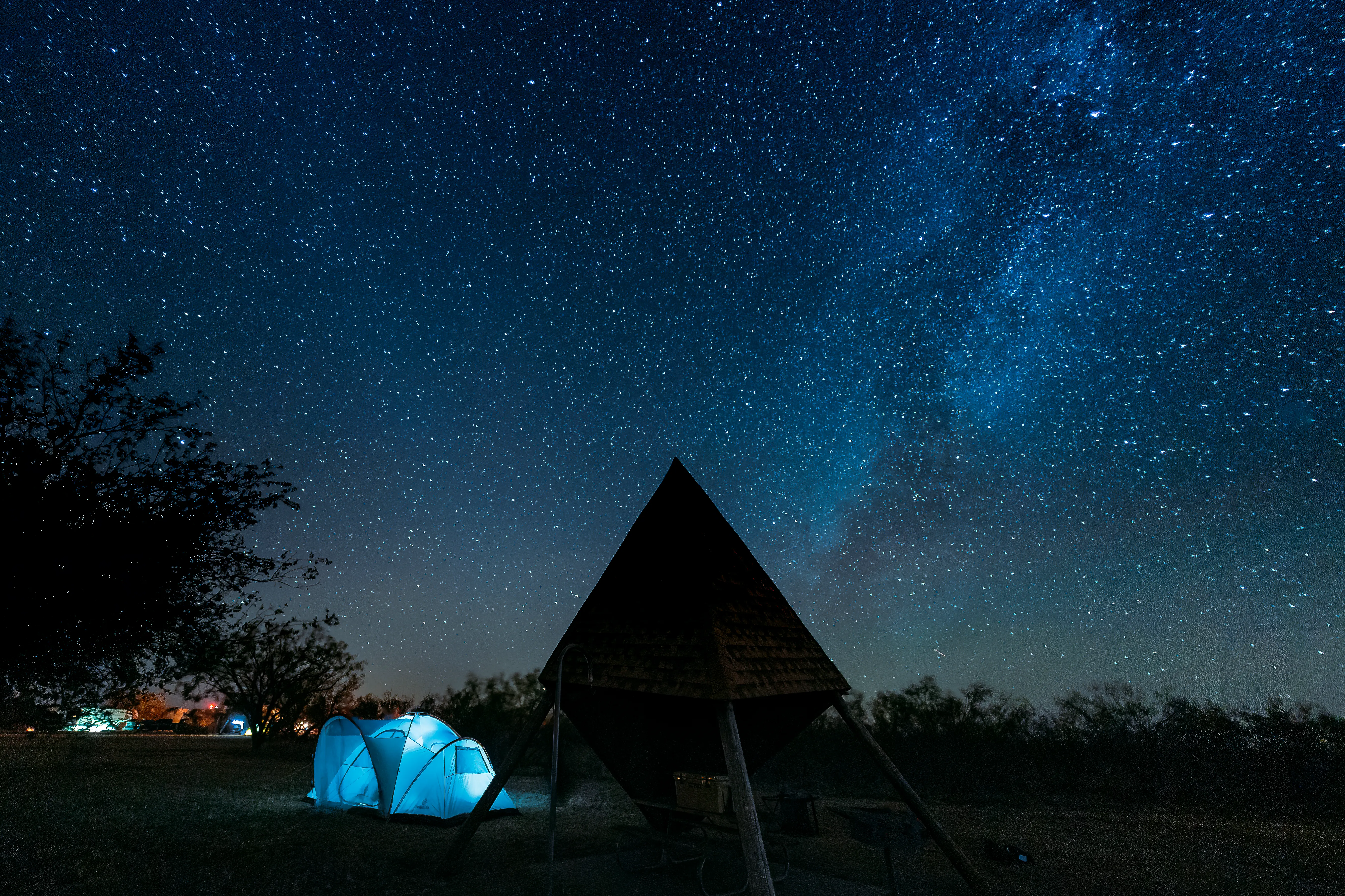 The Milky Way Galaxy arching over Copper Breaks State Park in north Texas — the same dark sky conditions are available in rural Montague County, 90 miles to the northeast