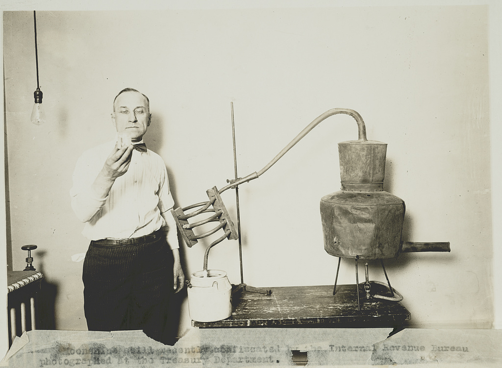 Confiscated moonshine still photographed at the U.S. Treasury Department by the Internal Revenue Bureau, circa 1921–1932
